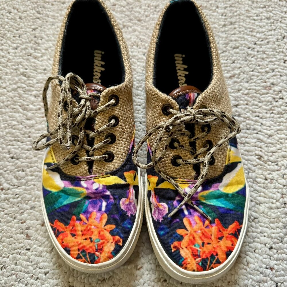 Inkkas bright tropical floral & canvas lace-up tennis shoes, women's size 7